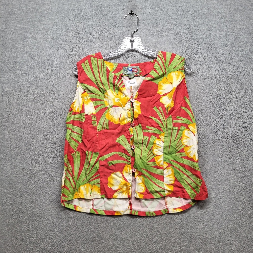 Hilo Hattie Women Button Up Shirt L Red Floral Silk Hawaiian Shirt Scoop Neck